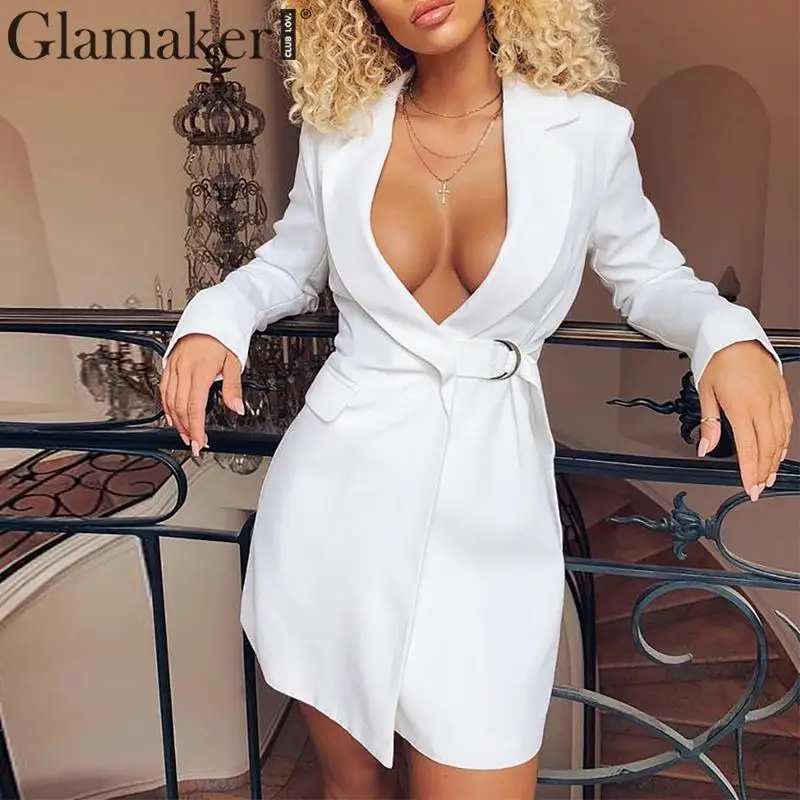 

Glamaker White sash v neck women blazers and jackets Autumn solid office lady long sleeve casual cardigan notched elegant blazer