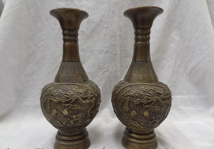 

song voge gem S5219 10" Tibet Bronze Fly Dragon Phoenix Statue Buddhist Flower Twin Vase Pot Pair