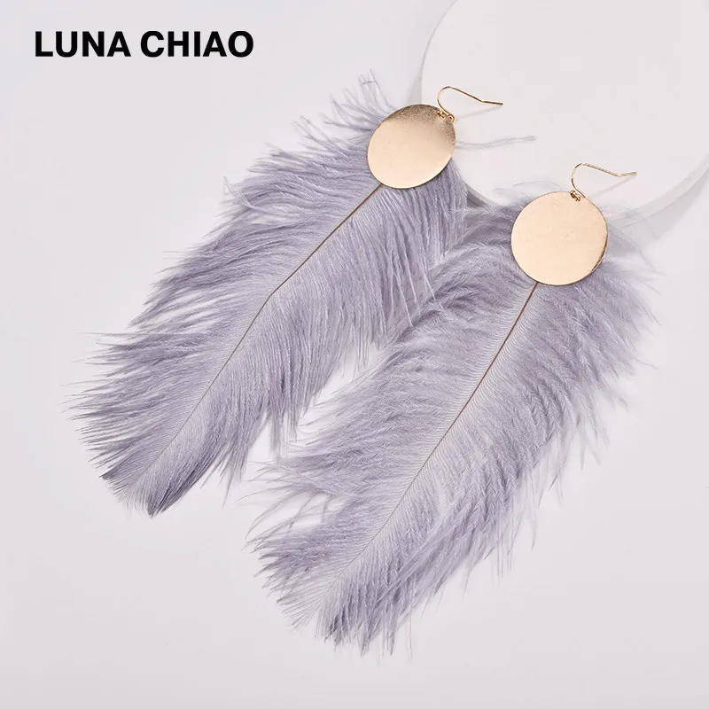 

LUNA CHIAO 2018 Fall Winter Designer Inspired Genuine Ostrich Big Dyed Feather Disc Plates Drop Earrings for Women