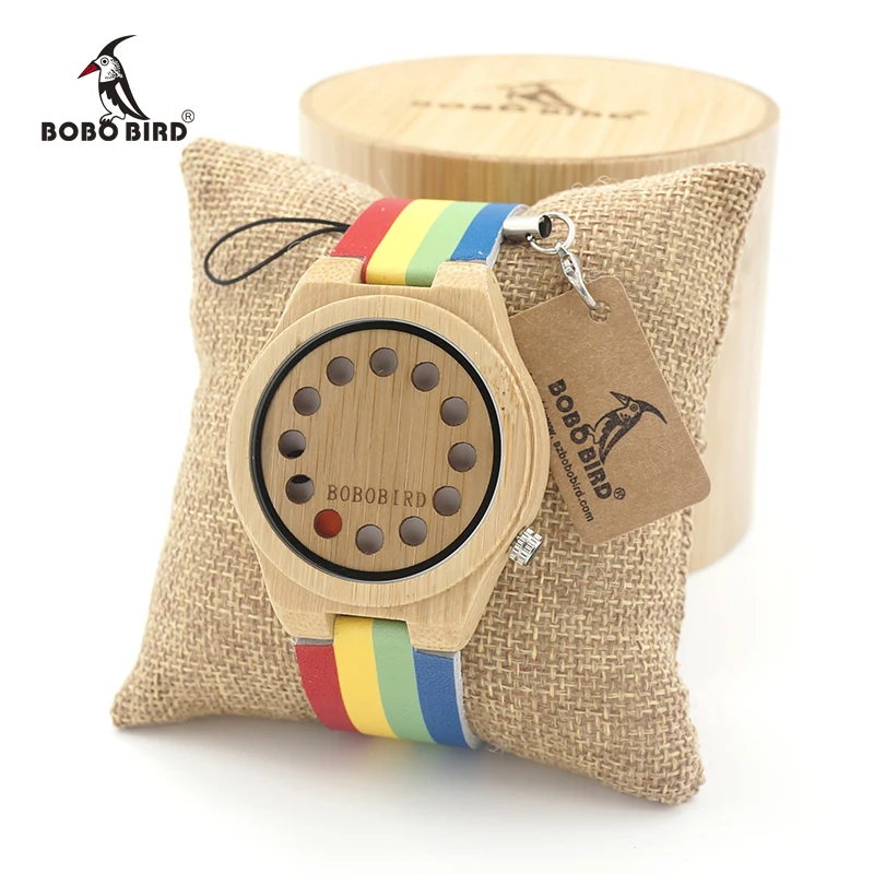 BOBO BIRD 12 Holes Design Mens Bamboo Wooden Quartz Wrist Watches with Colorful Band relogio masculino With Box Custom logo