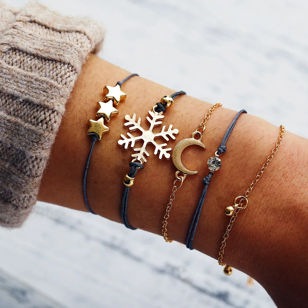 

Gold Color Star Moon Snowflake Bracelets Set Women Link Chain Rope Hollow Charm Rhinestone Crystal Beads Crescent Jewelry 5 Pcs
