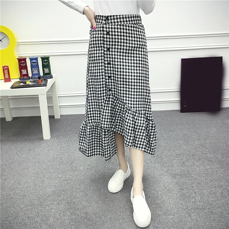 

Check Gingham Midi Skirt Women Black White Plaid Long Skirts Ruffled Female Spring Summer Skirt Fashion High Waist Skirt