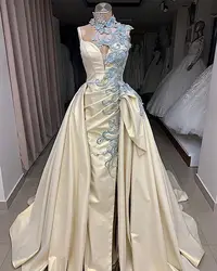 Высокая шея арабское вечернее платье 2019 новый дизайн с аппликацией на высоком вороте пол Длина Overskirt длинное платье для выпускного Vestido de