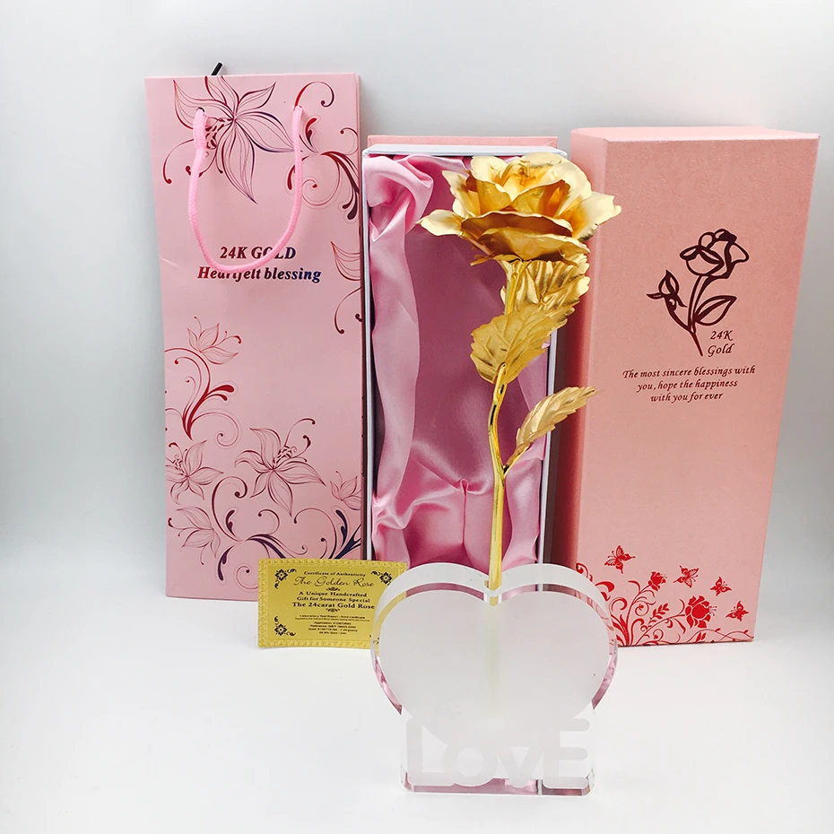 25cm 24K gold foil resin rose with love heart stand the