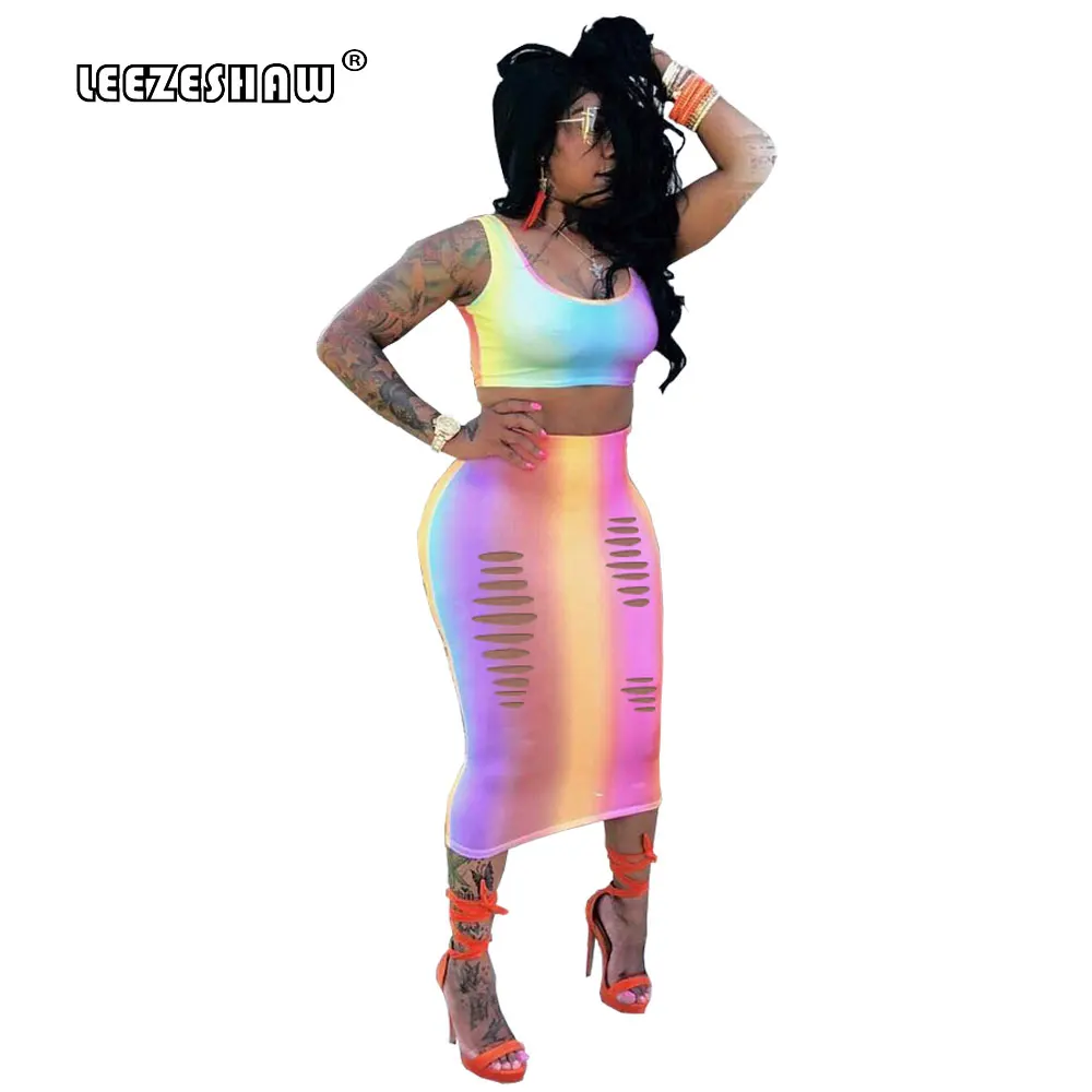 Rainbow Gradient Striped Boho Print Sexy 2 Piece Set Women Tanks Short Tops And Skinny Hole Skirts Beach Wear Party Ladies Suits Women's Sets