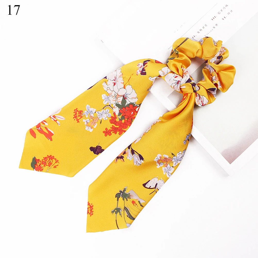 DIY Solid/Floral Print Bow Satin Long Ribbon Ponytail Scarf Hair Tie Scrunchies Women Girls Elastic Hair Bands Hair Accessories - Цвет: 17