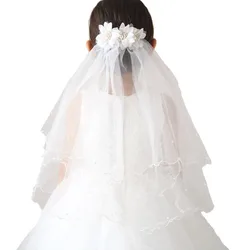In Stock White/Ivory Flower Girl Veils Two Layers Girls Holy First Communion Veil Hair Accessories with Pearls Beads