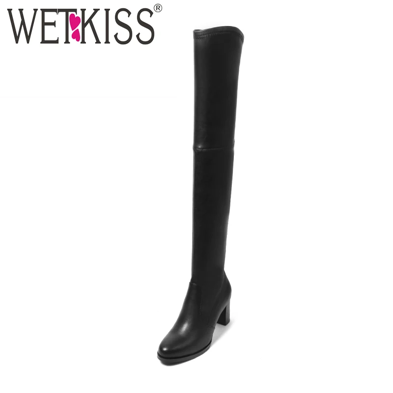 

WETKISS Stretch Fabric Over The Knee Boots Slip On Winter Boots Add Fur 2018 New Natural Leather Women's High Square Heel Shoes