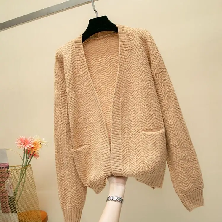 Повседневный вязаный свитер для девочек, Осенний корейский женский тонкий однотонный дизайнерский кардиган с карманами, цвета хаки, белый, синий, коричневый - Цвет: Хаки