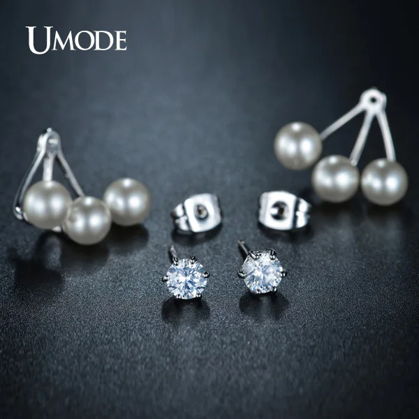 UMODE White Gold Color Pearl Stud Earring for Women Double Sided Simulated Pearl Earrings Jewelry Fashion Brinco AJE0255B