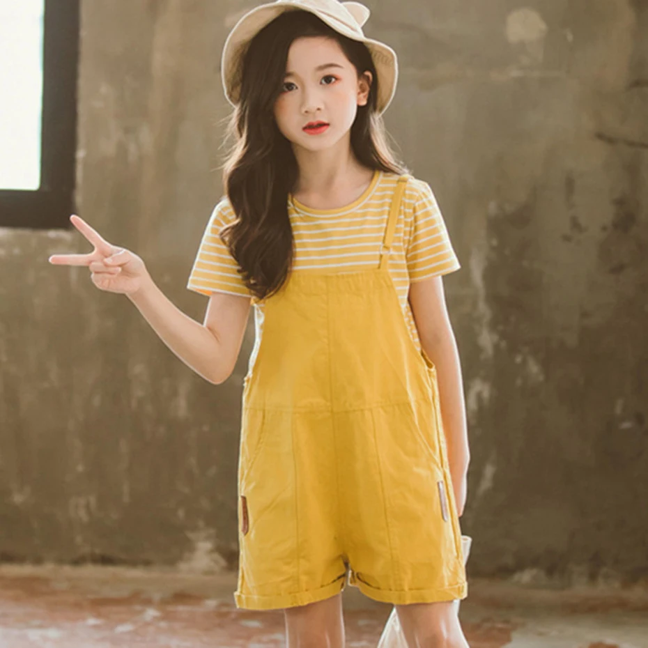 Girls Summer Clothes Striped Shirt + Solid Overalls 2pcs Costumes For ...