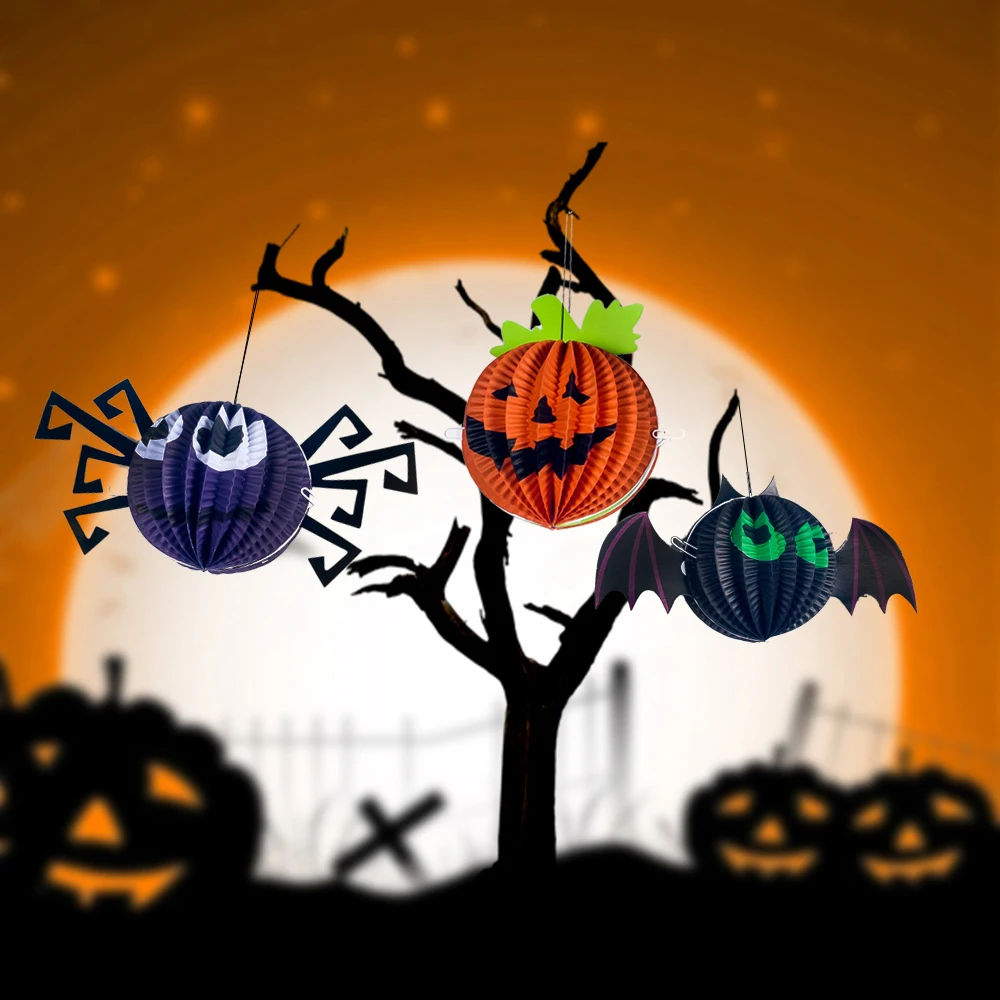 

Funny Party Halloween Paper Lantern Hanging Pendants Bar Honeycomb Paper Ball Decoration Pumpkin Spider Bat Light Lamps