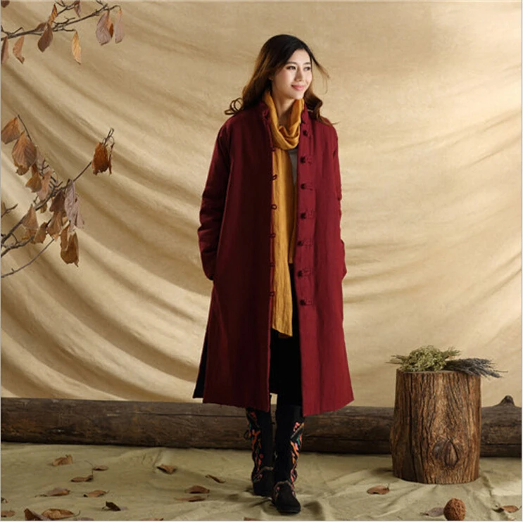Unisex autumn retro frog pure linen casual personnalit literary long dust coat windbreak wind coat trench