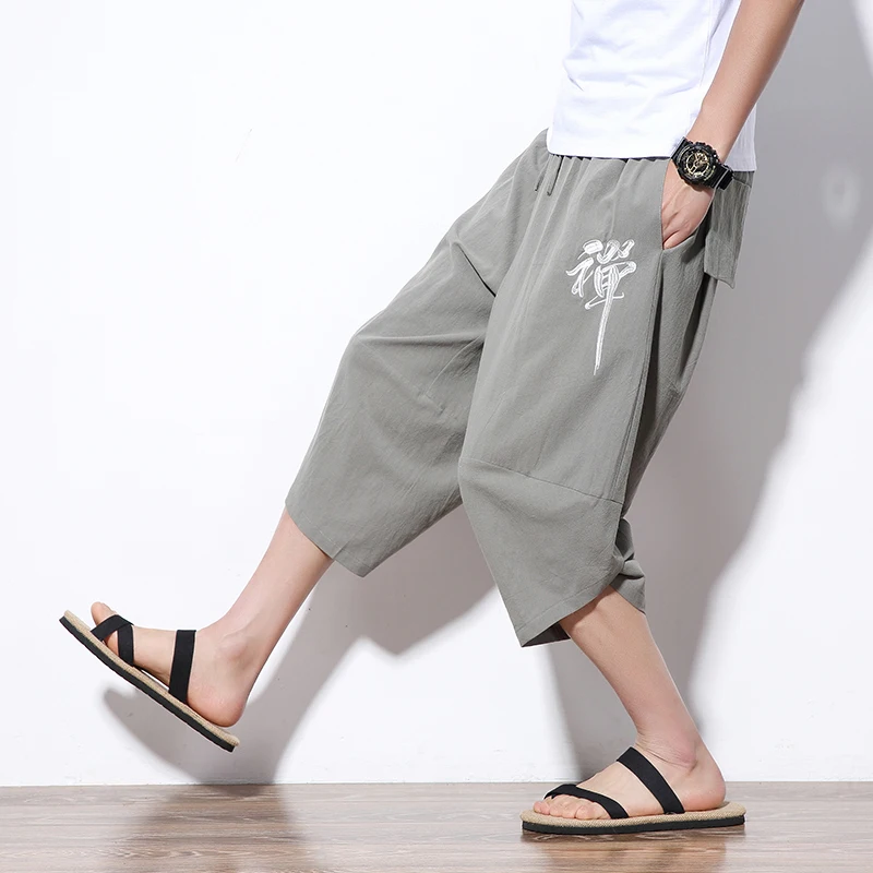 

Chinese Style Calf-length Harem Pants Men Streetwear Cotton Joggers Men Casual Embroidery Baggy Pants Men