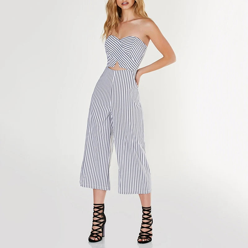 Fashion Women Sleeveless Stripe Overalls Hollow Out Wide