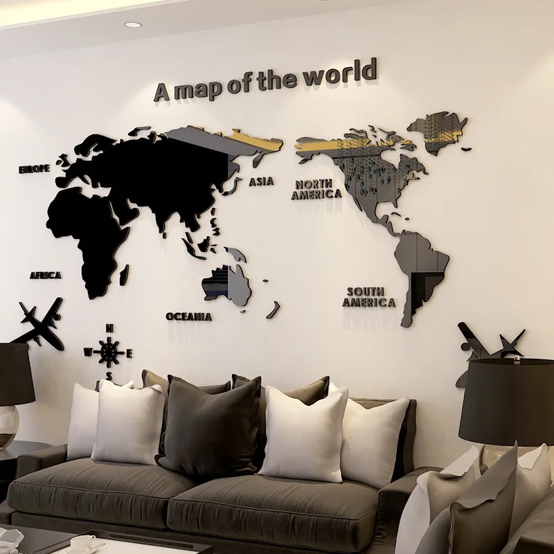 Acrylic World Map Wall Stickers For Office Living Room Classroom FREE SHIPPING !