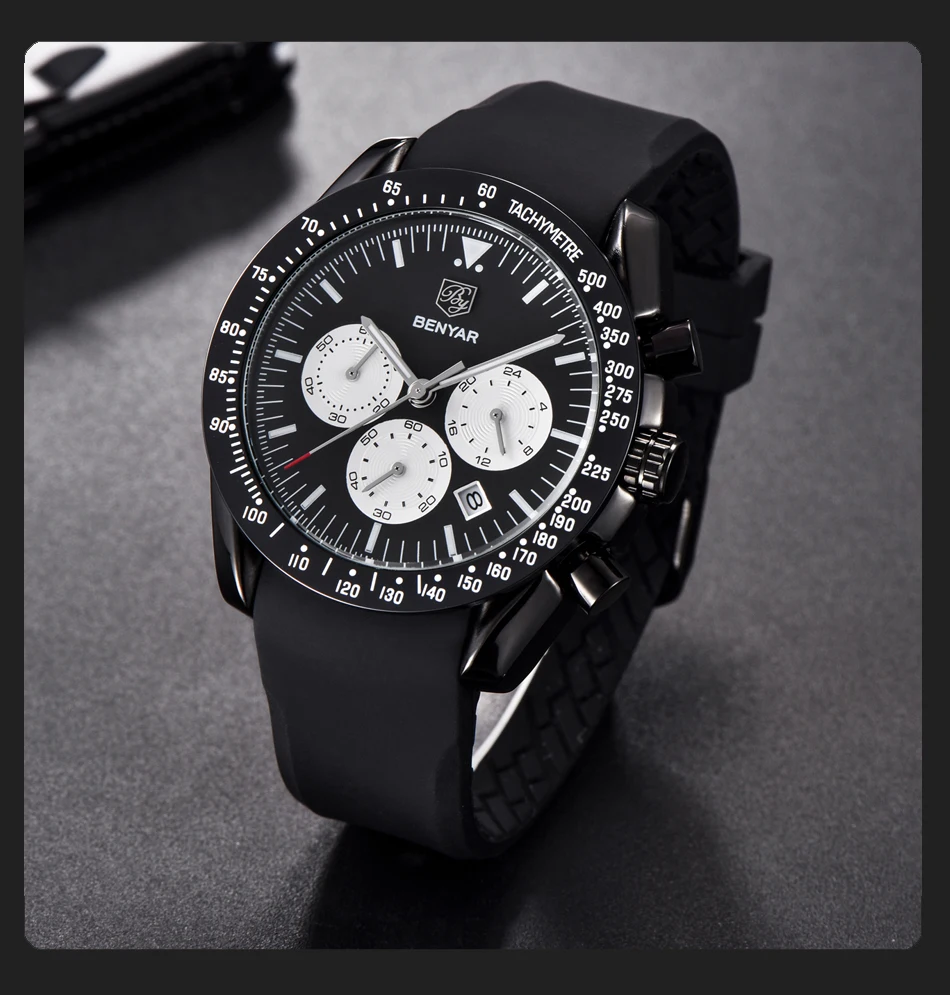 BENYAR бренд для мужчин Спорт хронограф силиконовый кварцевый ремешок часы все указатели работы водонепроницаемые Модные Часы мужские синие