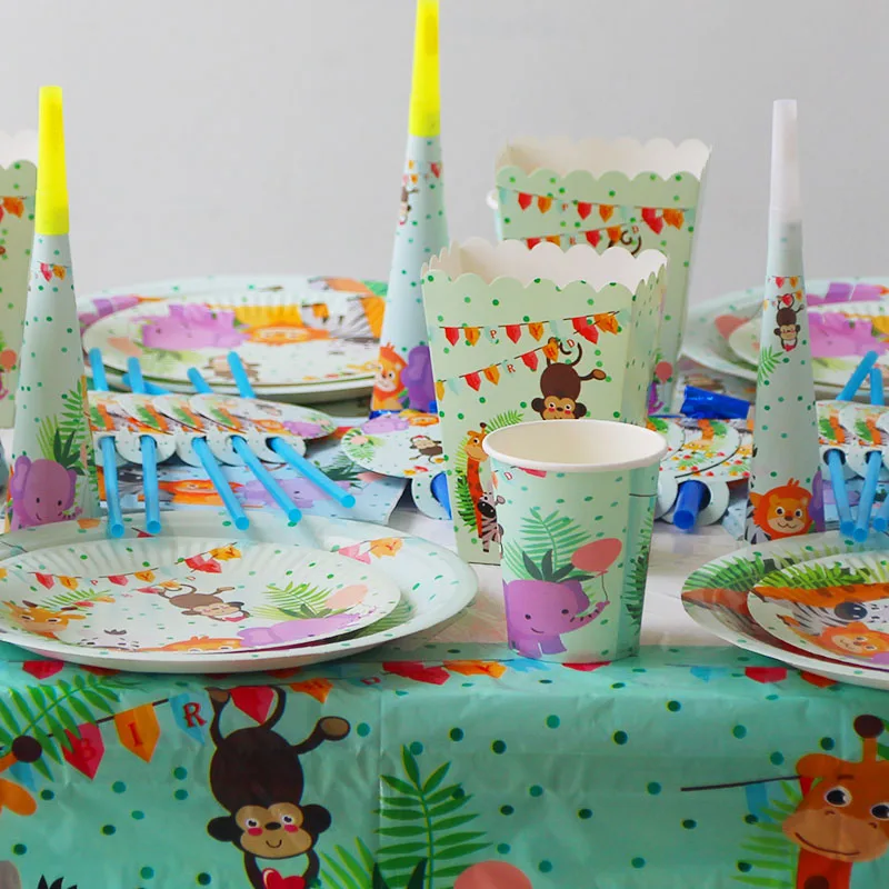 Jungle Birthday Party Disposable Tableware Jungle Animal Disposable Plates Cups Napkins Safari Decoration Baby Shower Supplies