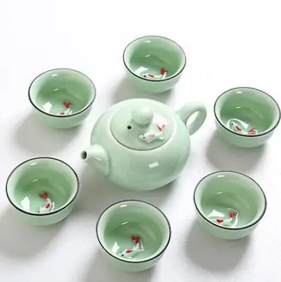 Longquan Celadon керамический чайный сервиз, рыбная чашка, чайный набор кунг-фу, чайник, Gaiwan, супница, чайная чашка - Цвет: 7pcs set A