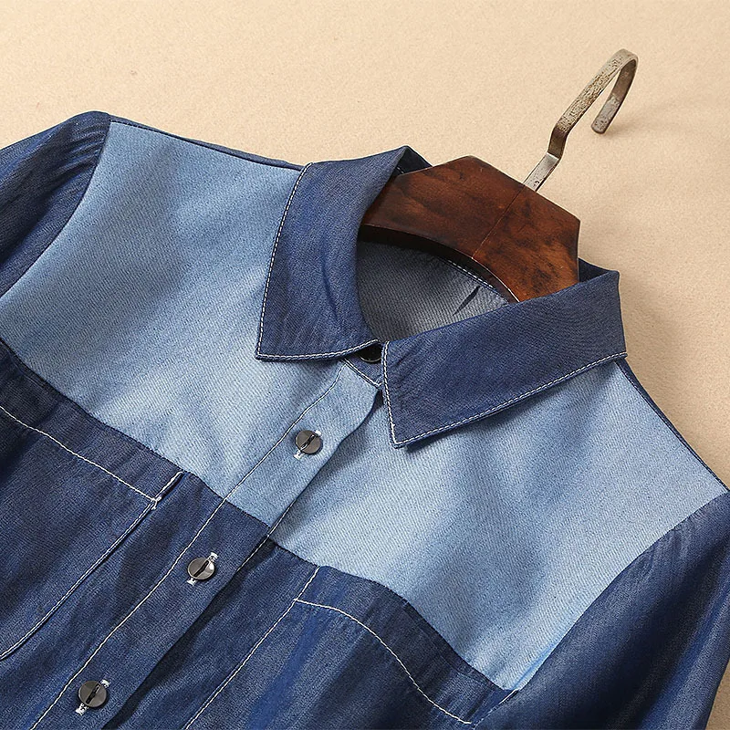 High Quality Denim Dress 2019 Spring Summer Casual Jeans Dress Ladies Turn-down Collar Color Block Patchwork Blue Denim Vestidos