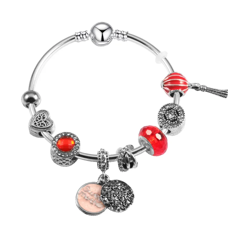 

JUNESNOW Silver Plated Love Heart fine Bracelets& Bangles With Red Crystal Charms Bracelets For Women pulseira
