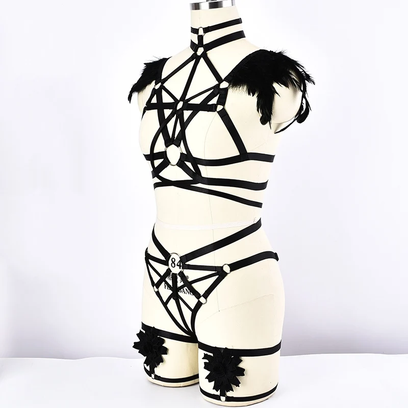 Feather Epaulettes Big Ring Harness Bra Gothic Body Harness Set Sexy Lingerie Elastic Adjust G-string Wedding Leg Garter Belt Feather Epaulettes Big Ring Harness Bra Gothic Body Harness Set Sexy Lingerie Elastic Adjust G-string Wedding Leg Garter Belt