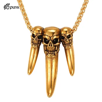 

Steampunk antique skull Wolf Tooth pendant necklace with chain 2017 unique 316L stainless steel mens jewelry P2458G