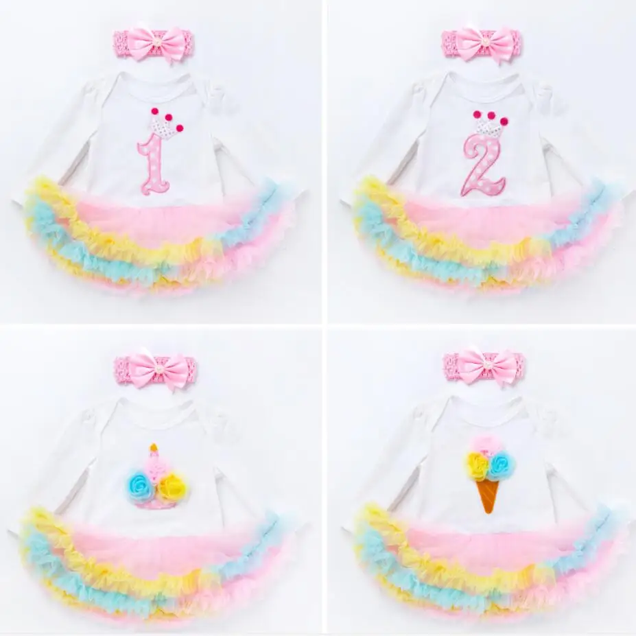 

2PCs per Set Rainbow White Baby Girls 1st 2nd Birthday Tutu Dress Infant Girl Birthday Photo Prop Outfit Bow Headband 0-24Months