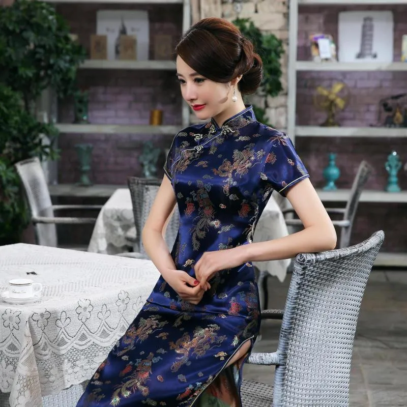 Темно-синий китайское традиционное платье Для Женщин Атлас Qipao Дракон Phenix Длинные Cheongsam большой Размеры 3XL 4XL 5XL 6XL