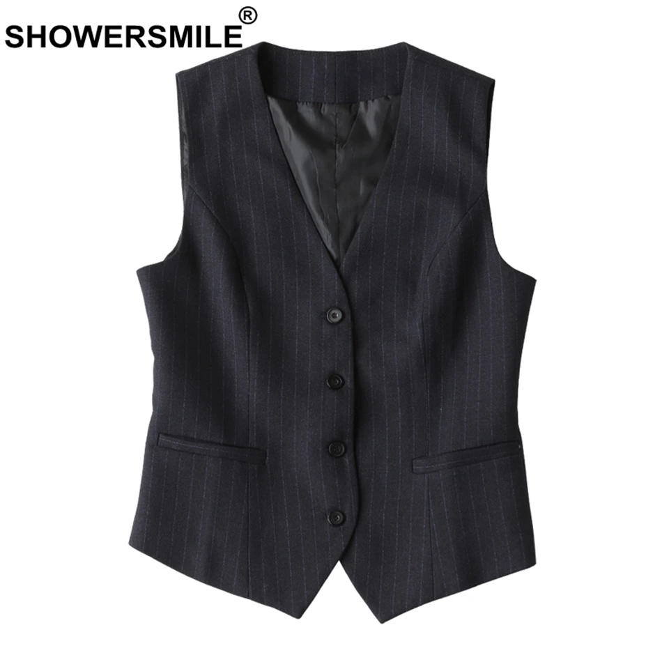 SHOWERSMILE Women Grey Vest 2019 Plus Size Striped Short Waistcoat Ladies Spring Autumn Slim Fit Sleeveless Jacket Classic Vests