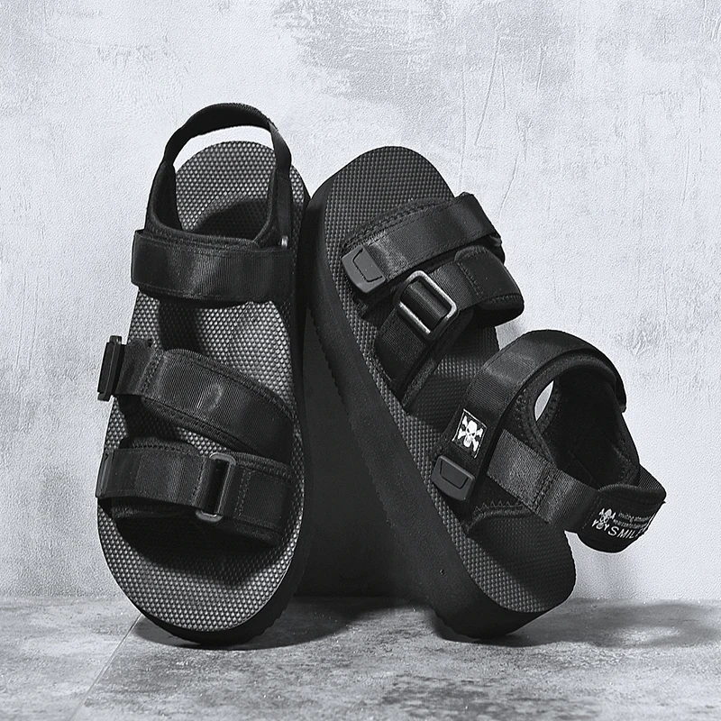 SUROM Summer Beach Flats Sandals Men Shoes Casual Outdoor Fashion Comfortable Lightweight Gladiator Sandals for Men Black New