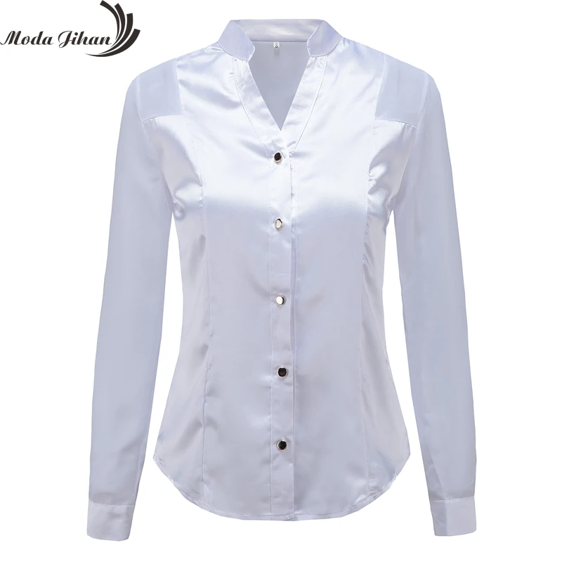 En Ligne Moda Jihan Nouveau Design Femmes Blouses Chemises Blanc Noir Longue manches En Mousseline de Soie Splice Satin Bureau Tops Slim Style V Cou Femelle