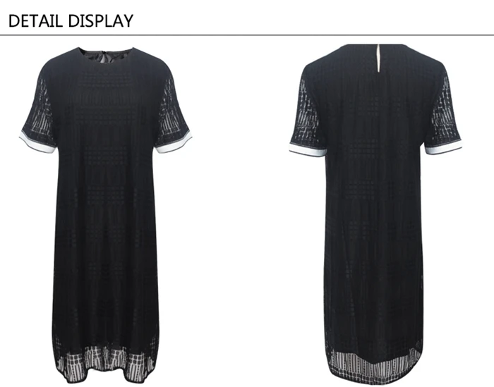 Black Loose Straight Above Knee Half Sleeves O-neck Solid Lace Dress