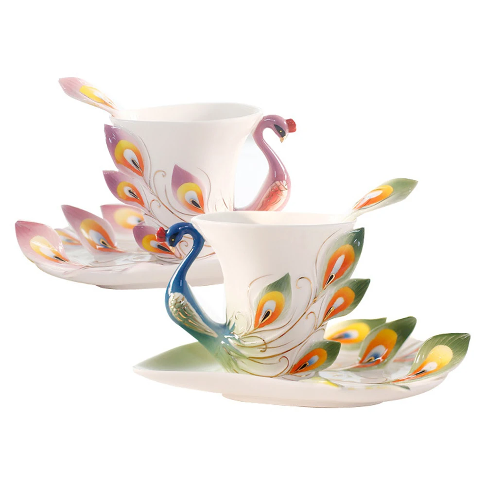 

China Porcelain Tea Cup Creative 3D Peacock Ceramic unique Coffee Mug Enamel Coffee Cup Set with Tray Stirring Spoon Gift Mugs
