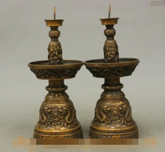 

S01149 13 FengShui Chinese Bronze Dynasty Palace Lucky Dragon Statue Candle Holder Pair B0403
