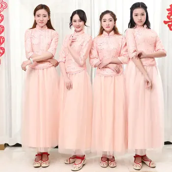 

Vintage Women Pink Chiffon Cheongsam Suit Traditional Chinese Bridesmaid Wedding Dress Flower Classic Party Evening Qipao 3XL