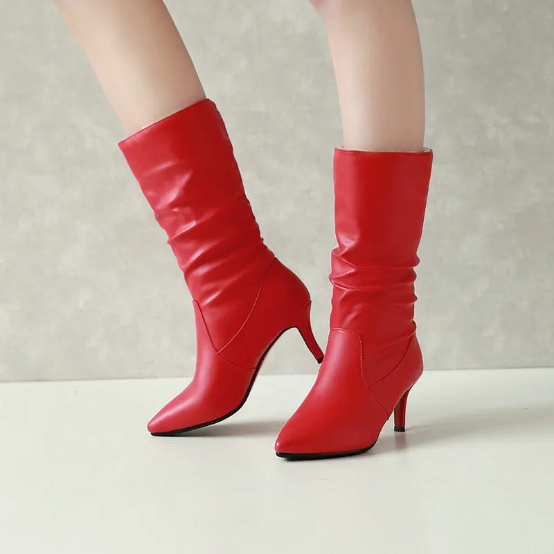 Женские ботинки зимние ботинки с острым носком на высоком каблуке 7 см Женская обувь женские зимние ботинки черного и красного цвета Большие размеры 34-43