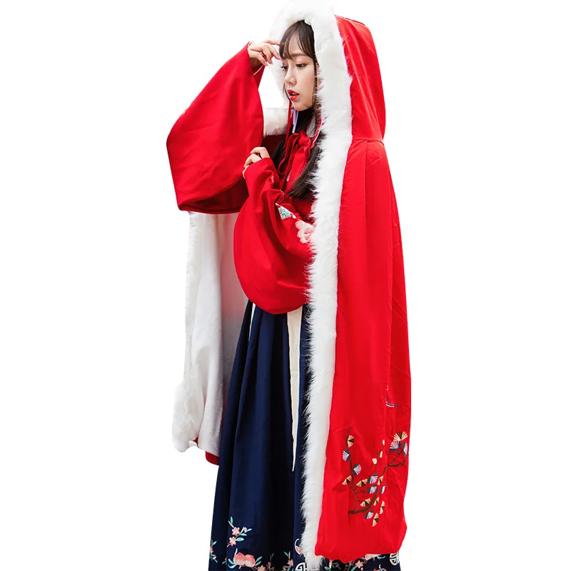 Cosplay Cachemire Épaissir Cape Noël Long Chinois Manteau Outwear Grue De À Femmes Laine Capuchon Broderie Floral Fourrure 6OFRqwZ