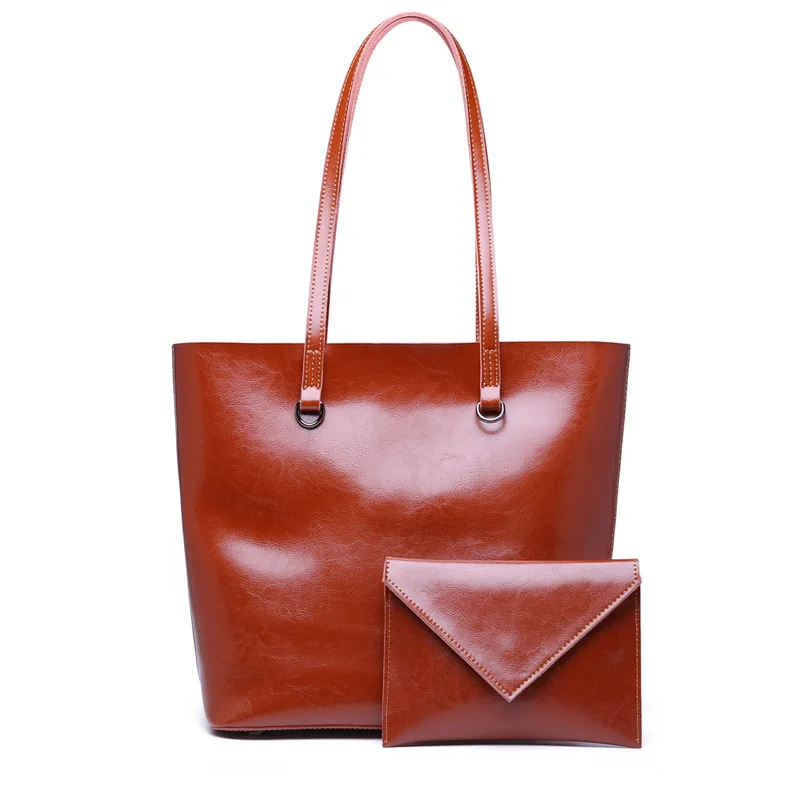 Fashionable luxury oil wax cowhide large capacity bucket design tote bag exquisite sewing line decoration women leather handbags