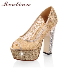 Designer Shoes Women Pumps Lace Peep Toe Platform Thick High Heels Female Glitter Crystal Gold Shoes Large Size 40 43