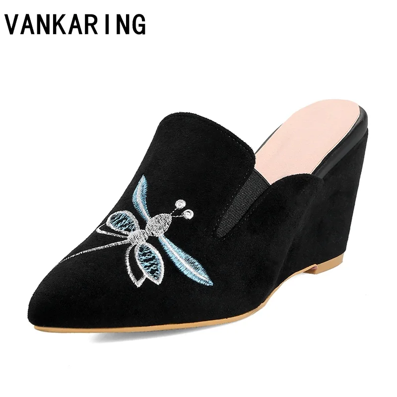 

VANKARING women pumps summer shoes slip on pointed toe high heels wedges platform casual solid dress shoes women leather slipper