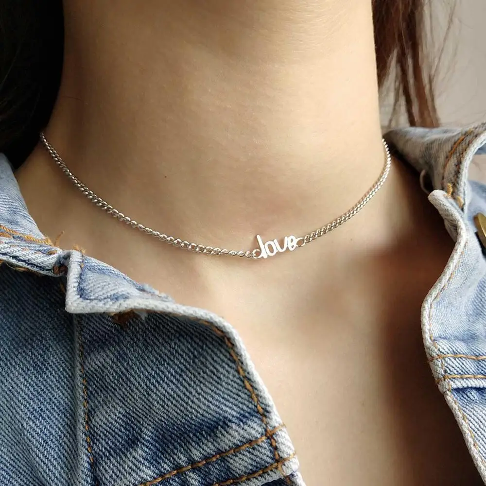 

New Hot Romantic Luxury Pure 925 Sterling Silver LOVE Necklace For Women Letter Choker Wedding Jewelry Free Shipping