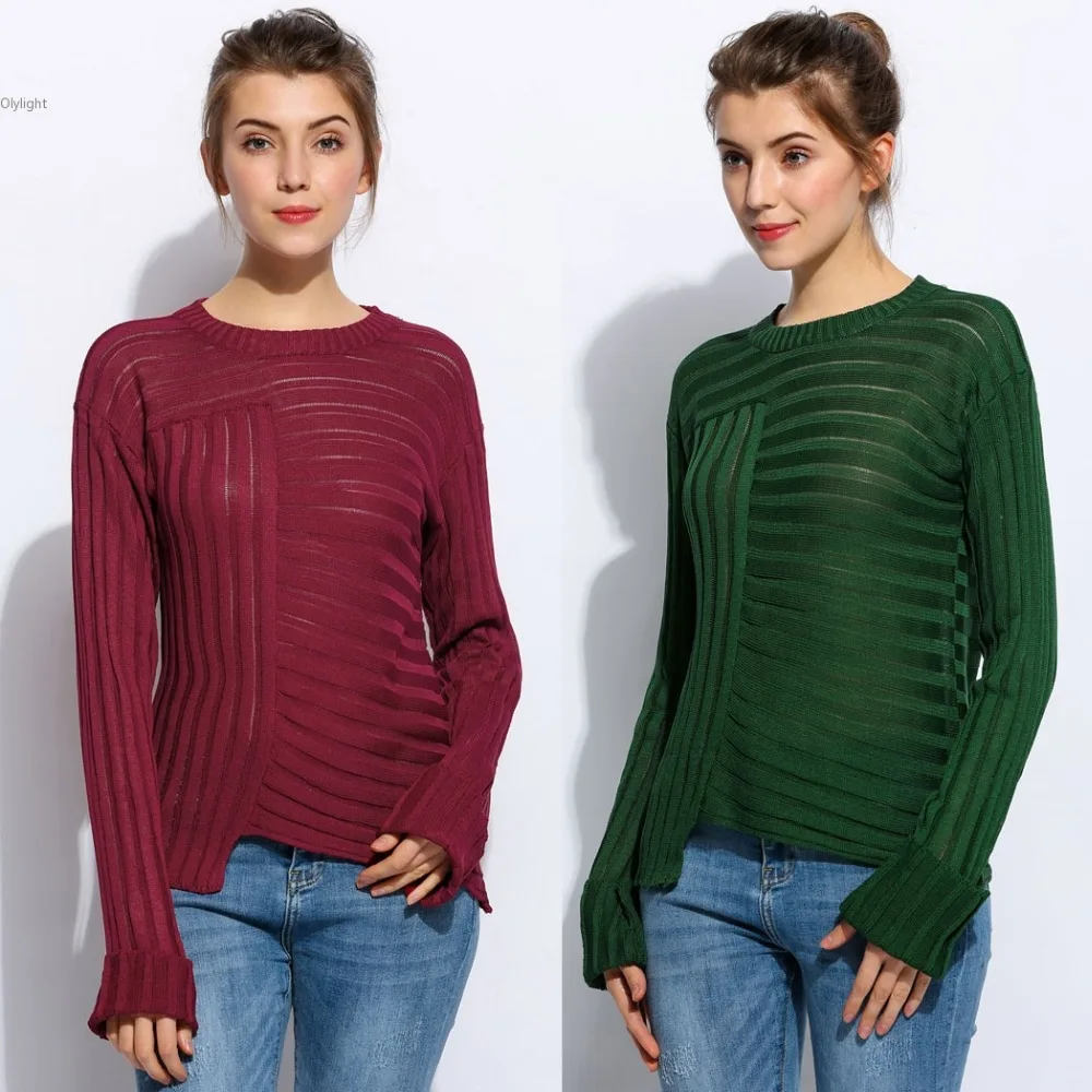 Women Sweater Fashion Knitted Long Sleeves O Neck Asymmetric Hem Spring