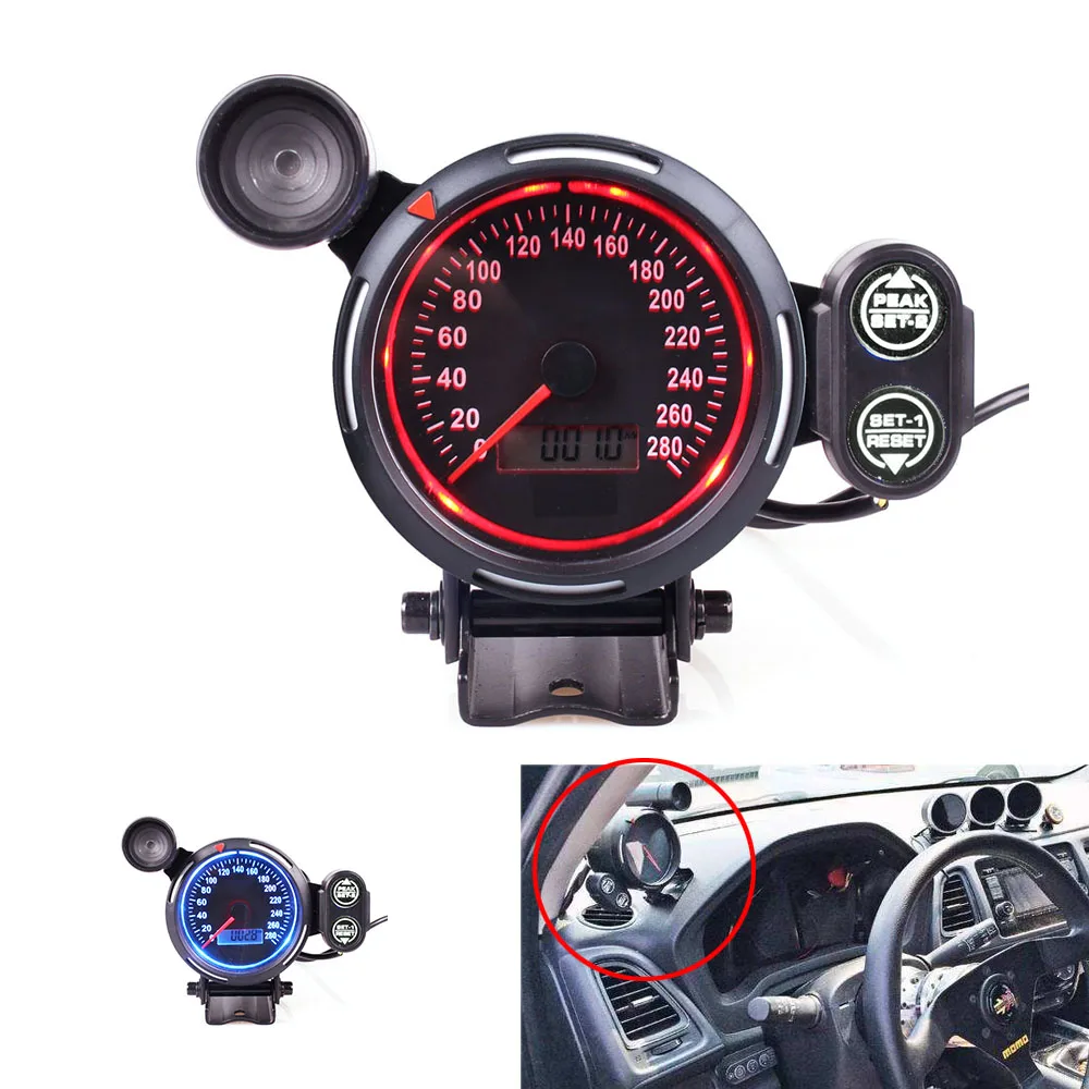 

80MM Speedometer Odometer Blue and Red KMH MPH Speedometer With Red Shift Light for Car Auto Gauge