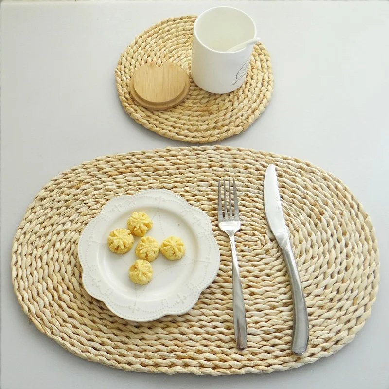 WCIC Natual Straw Water Hyacinth Weave Placemat Kids For Dining Table Round Oval Woven Tablemat Kitchen Dinner Handmade Mat WCIC Natual Straw Water Hyacinth Weave Placemat Kids For Dining Table Round Oval Woven Tablemat Kitchen Dinner Handmade Mat
