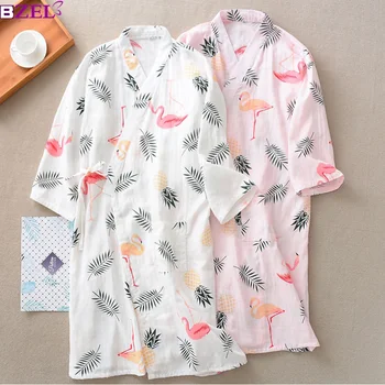 

Summer Autumn 100% Cotton Robes Double Gauze Kimono Nightgown Simple Nature Flamingo Thin Section Loose Large Size Home Bathrobe