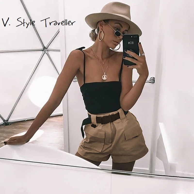 High Rise Khaki Shorts Women Hot 