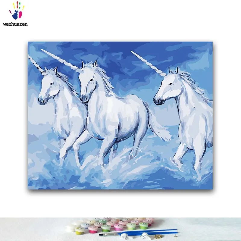 

DIY Coloring paint by numbers Three running unicorns paintings by numbers with kits 40x50 framed