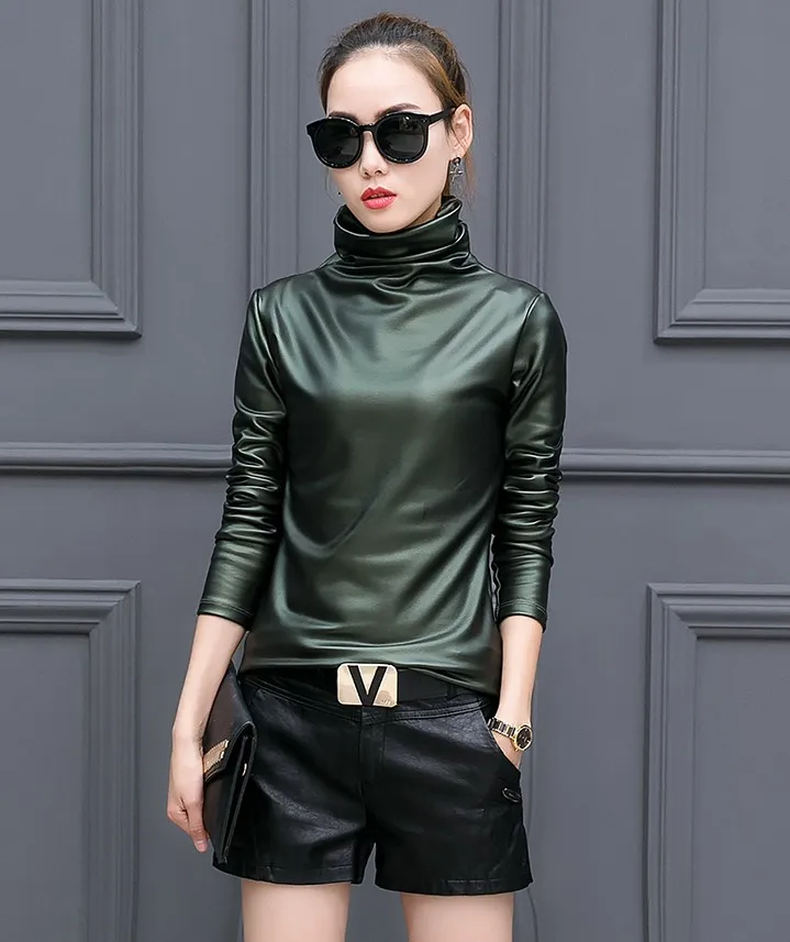 Plus size women blouse fashion elegent Turtleneck long sleeve shirt female tops 2018 autumn winter pu Leather blusas femininas 13