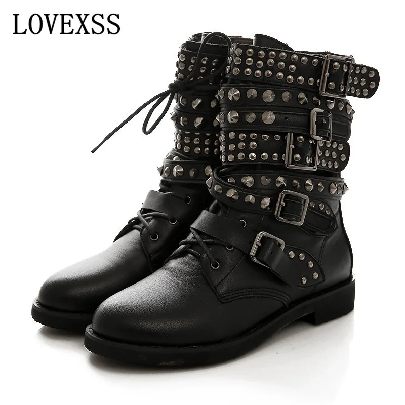 LOVEXSS Rivet Ankle Boots 2017 Latest Woman Gothic Shoes Low heeled